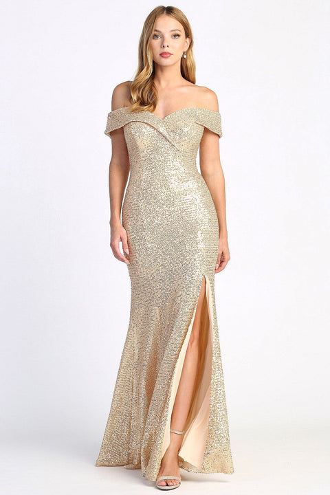 Adora 3059: Fitted Sequin Off Shoulder Gown with Slit