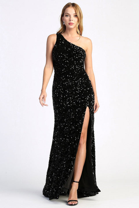 Adora 3067: Fitted Sequin One Shoulder Gown with Slit