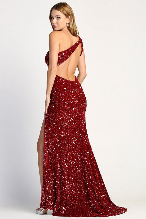 Adora 3067: Fitted Sequin One Shoulder Gown with Slit