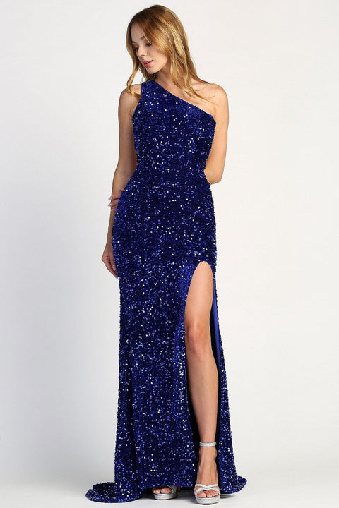Adora 3067: Fitted Sequin One Shoulder Gown with Slit