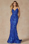 Juliet 2411: Fitted Sequin Print Gown with Deep V-Neck