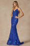 Juliet 2411: Fitted Sequin Print Gown with Deep V-Neck