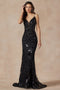 Juliet 2411: Fitted Sequin Print Gown with Deep V-Neck