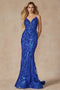 Juliet 2411: Fitted Sequin Print Gown with Deep V-Neck