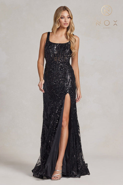 Nox Anabel C1103: Fitted Sequin Print Gown with Slit
