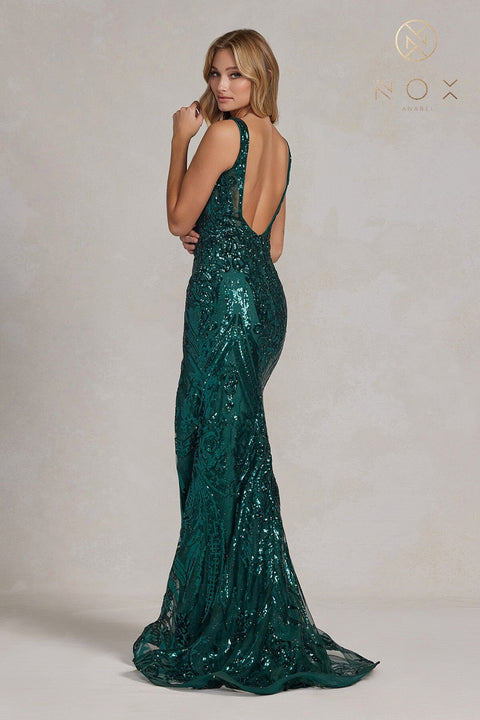 Nox Anabel C1103: Fitted Sequin Print Gown with Slit