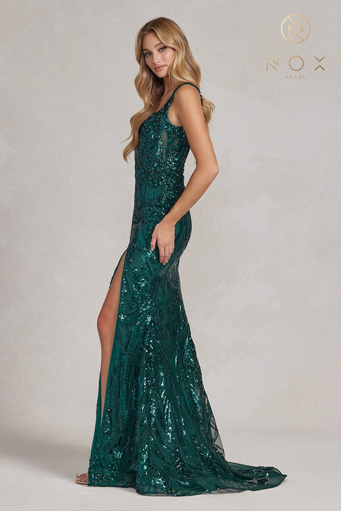 Nox Anabel C1103: Fitted Sequin Print Gown with Slit
