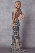 Juliet 243: Fitted Sequin Print Gown with V-Neck