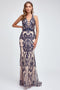 Juliet 243: Fitted Sequin Print Gown with V-Neck