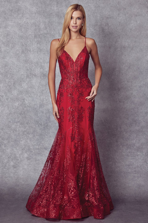 Fitted V-Neck Gown with Sequin Print by Juliet 274