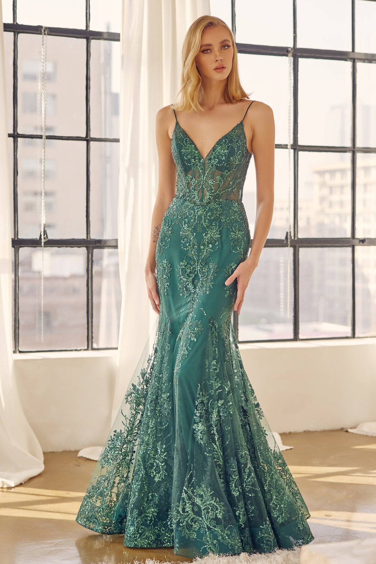 Fitted V-Neck Gown with Sequin Print by Juliet 274 sheerdreamz Fitted V-Neck Gown with Sequin Print by Juliet 274 sheerdreamz
