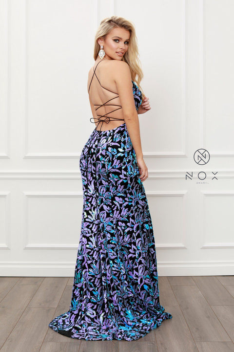 Sequin Print Fitted Velvet Gown by Nox Anabel R427
