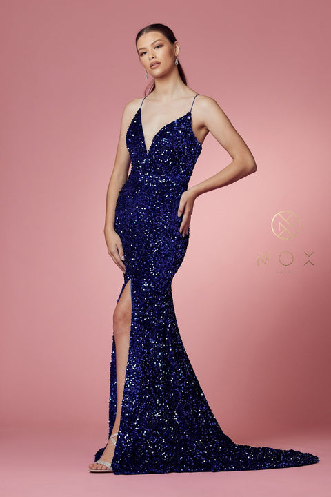 Sequin Fitted Velvet Gown by Nox Anabel R433