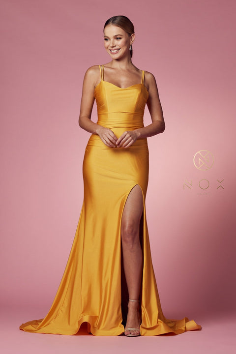 Strappy Back Fitted  Slit Gown by Nox Anabel T481