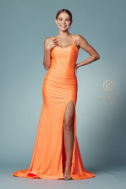 Strappy Back Fitted  Slit Gown by Nox Anabel T481