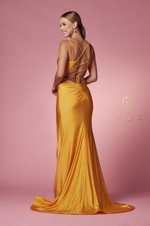 Strappy Back Fitted  Slit Gown by Nox Anabel T481