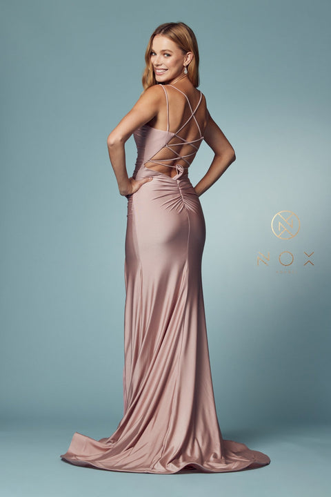Strappy Back Fitted  Slit Gown by Nox Anabel T481