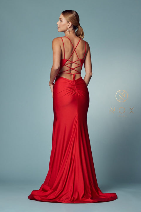 Strappy Back Fitted  Slit Gown by Nox Anabel T481
