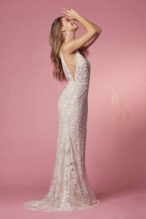 V-Neck Fitted Lace Bridal Gown by Nox Anabel JE915