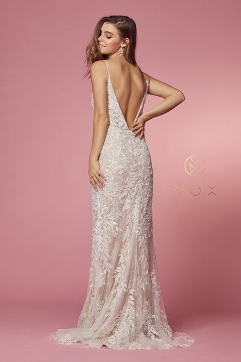 V-Neck Fitted Lace Bridal Gown by Nox Anabel JE915