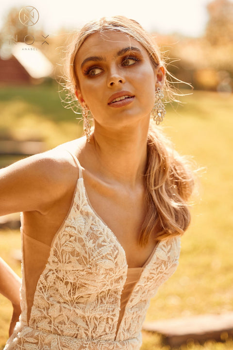 V-Neck Fitted Lace Bridal Gown by Nox Anabel JE915
