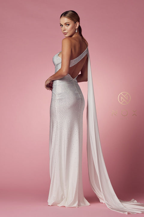 White Fitted One Shoulder Gown by Nox Anabel E1039W