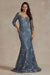 Fitted Gown with 3/4 Sleeve and Floral Applique by Nox Anabel JQ503