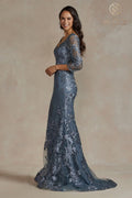 Fitted Gown with 3/4 Sleeve and Floral Applique by Nox Anabel JQ503