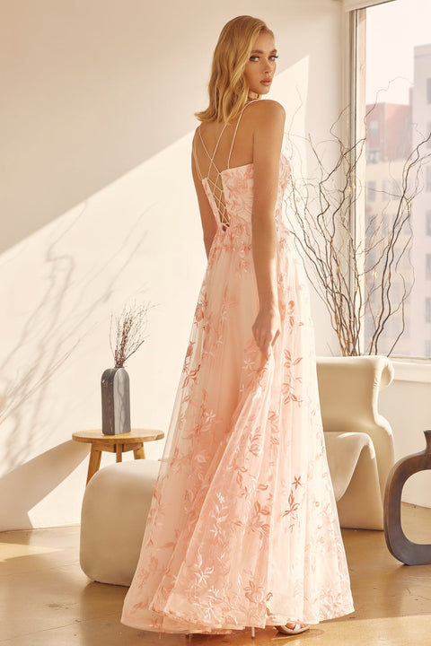 Juliet 279: Long A-line Dress with Floral Applique