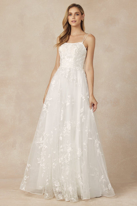 Juliet 279: Long A-line Dress with Floral Applique