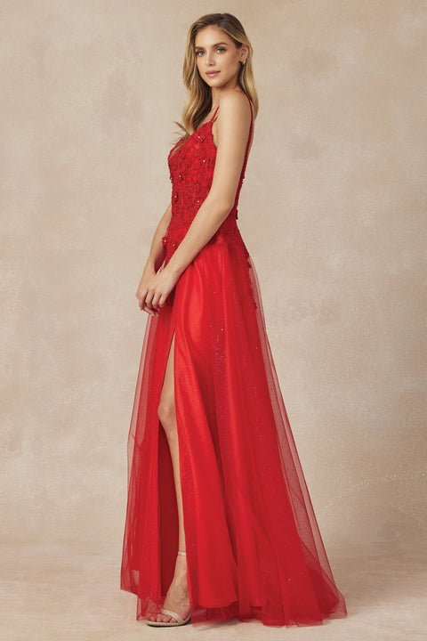 Juliet 283: Long A-line Dress with Floral Applique