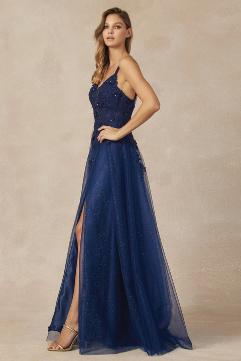 Juliet 283: Long A-line Dress with Floral Applique