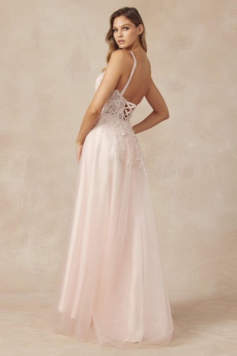 Juliet 283: Long A-line Dress with Floral Applique