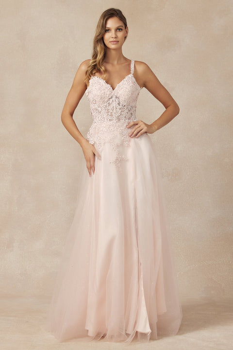 Juliet 283: Long A-line Dress with Floral Applique