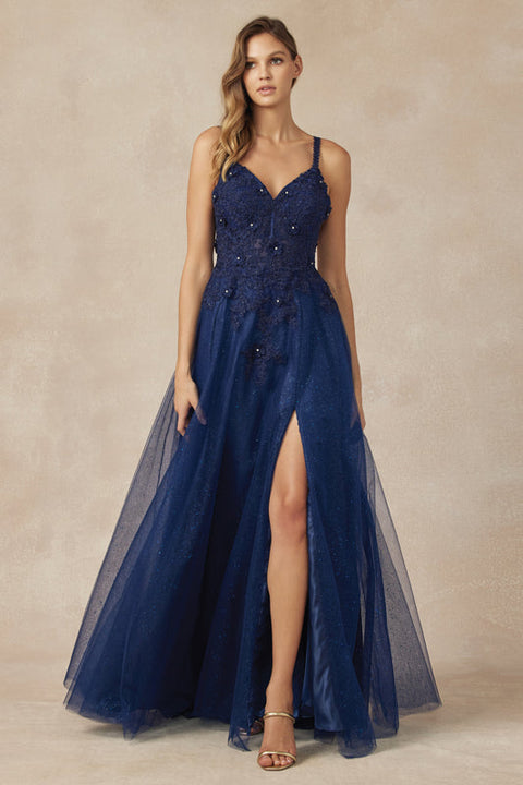 Juliet 283: Long A-line Dress with Floral Applique