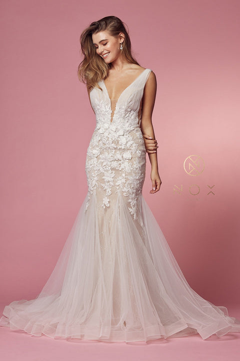 Mermaid Bridal Gown with Floral Appliques by Nox Anabel JE917