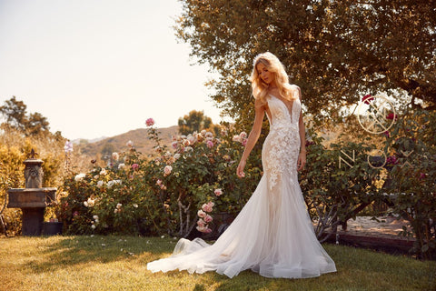 Mermaid Bridal Gown with Floral Appliques by Nox Anabel JE917