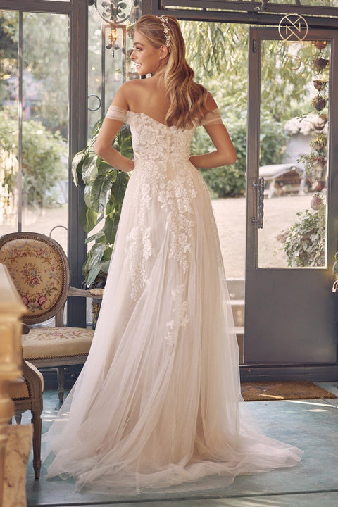 Off Shoulder Bridal Slit Gown with Floral Appliques by Nox Anabel JE953