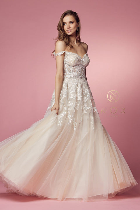 Off Shoulder Gown wiith Floral Appliques by Nox Anabel JH925