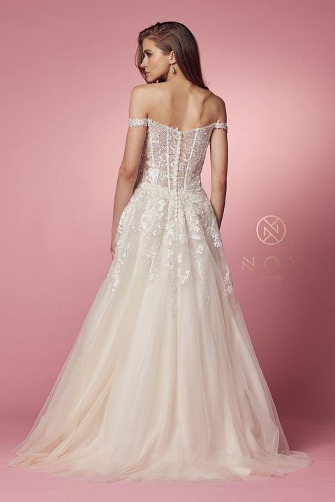 Off Shoulder Gown wiith Floral Appliques by Nox Anabel JH925