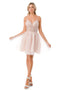 Coya S2742M: Short V-Neck Tulle Dress Embellished with Floral Applique