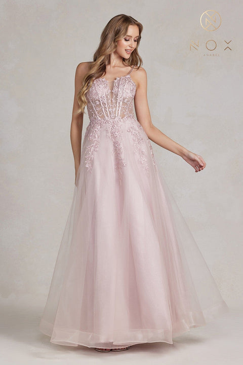 Tulle Gown with Floral Appliques by Nox Anabel T449