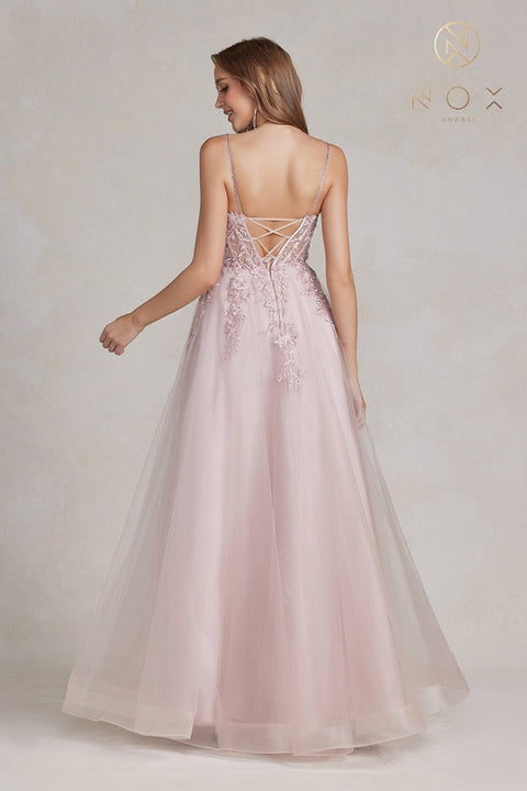 Tulle Gown with Floral Appliques by Nox Anabel T449
