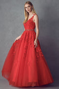 V-Neck Tulle Gown with Floral Appliques by Juliet 224