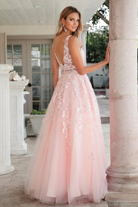 V-Neck Tulle Gown with Floral Appliques by Juliet 224