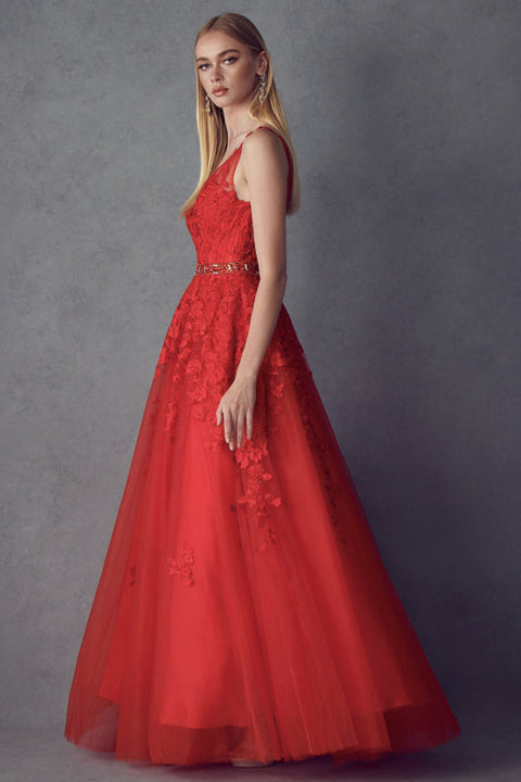 V-Neck Tulle Gown with Floral Appliques by Juliet 224