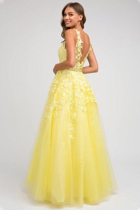 V-Neck Tulle Gown with Floral Appliques by Juliet 224