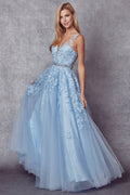 V-Neck Tulle Gown with Floral Appliques by Juliet 224