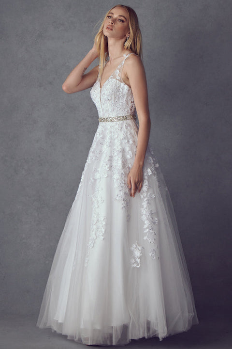V-Neck Tulle Gown with Floral Appliques by Juliet 224