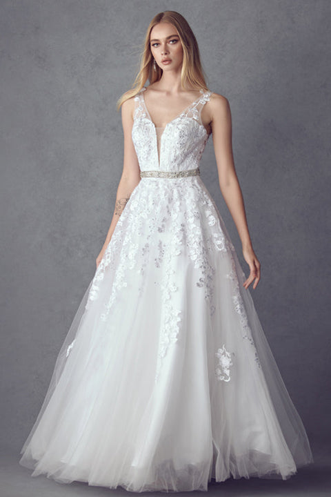 V-Neck Tulle Gown with Floral Appliques by Juliet 224